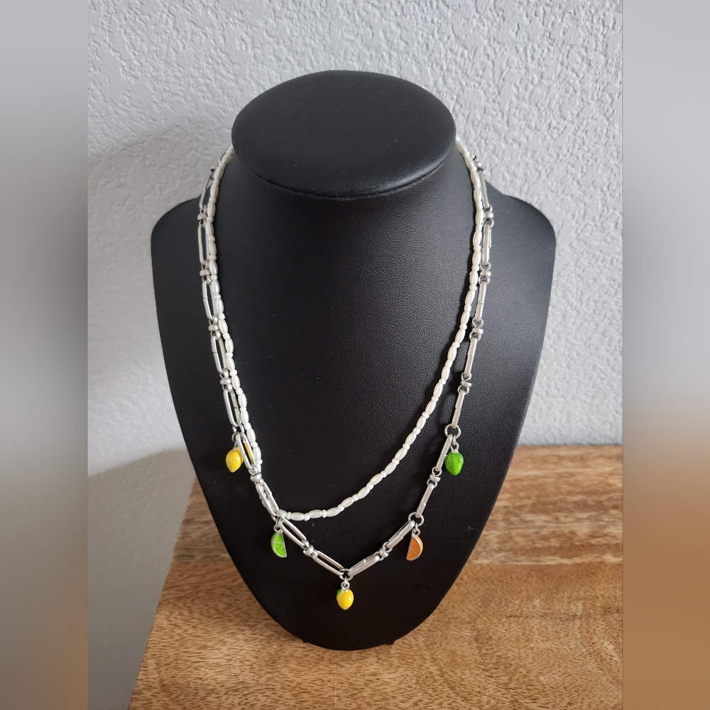 NWT Free People Amalfi Necklace, 2 strand, silver & pearls, citrus fruit charms